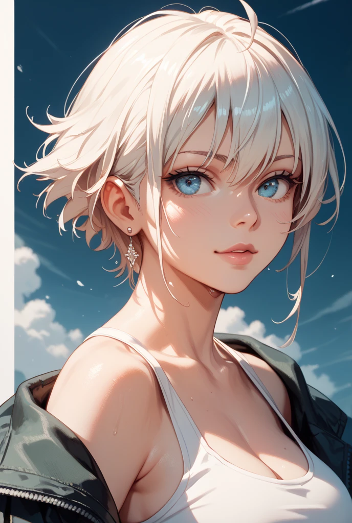 superchica, sitting on a building rooftop, lost in deep thought, looking at the city, perfect eye, Beautiful highly detailed eyes, Beautiful light blue eyes, both eyes are similar, beautiful detailed lips, naked face