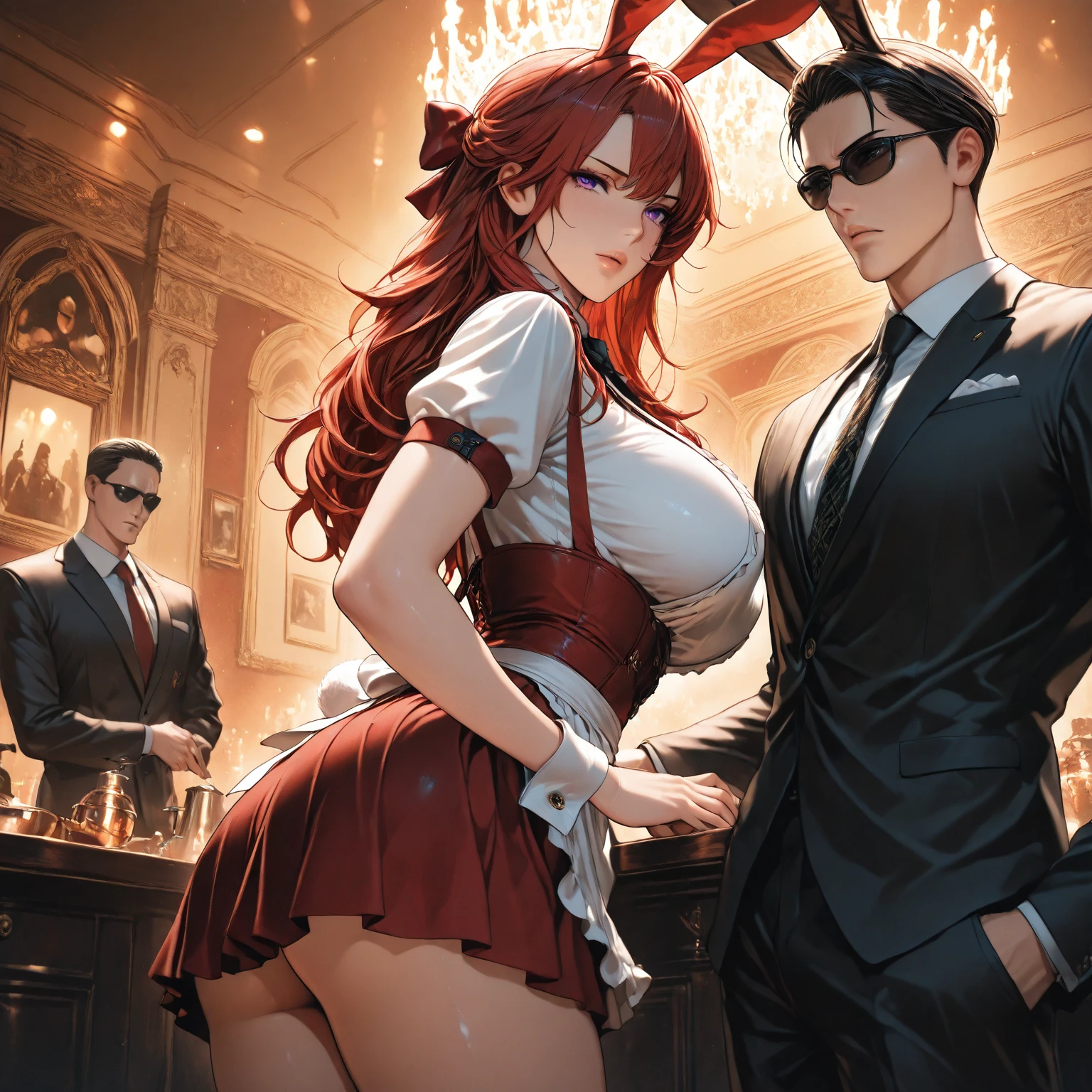 A girl with red cat ears, red hair in ponytail, completely naked, full body, arms half open, wrists handcuffed and chained to steel collar around neck, in high-class ballroom, men in suits and audience in background, red gloves covering hands and half arms, worried, anxious, barefoot, open mouth, fear, standing, black tights that go up to the thighs, naked, without clothing