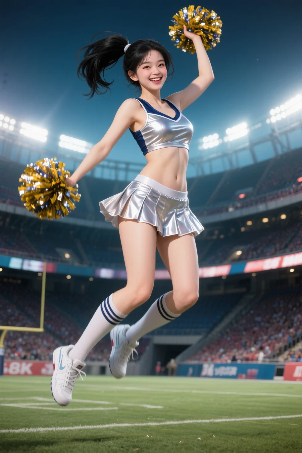a hot sexy Japanese girl, black hair, tall, long legs, joyful face, cheerleader costume, standing split, leg up high, in the stadium, (detailed face), white panties under cheer skirt, from knees up