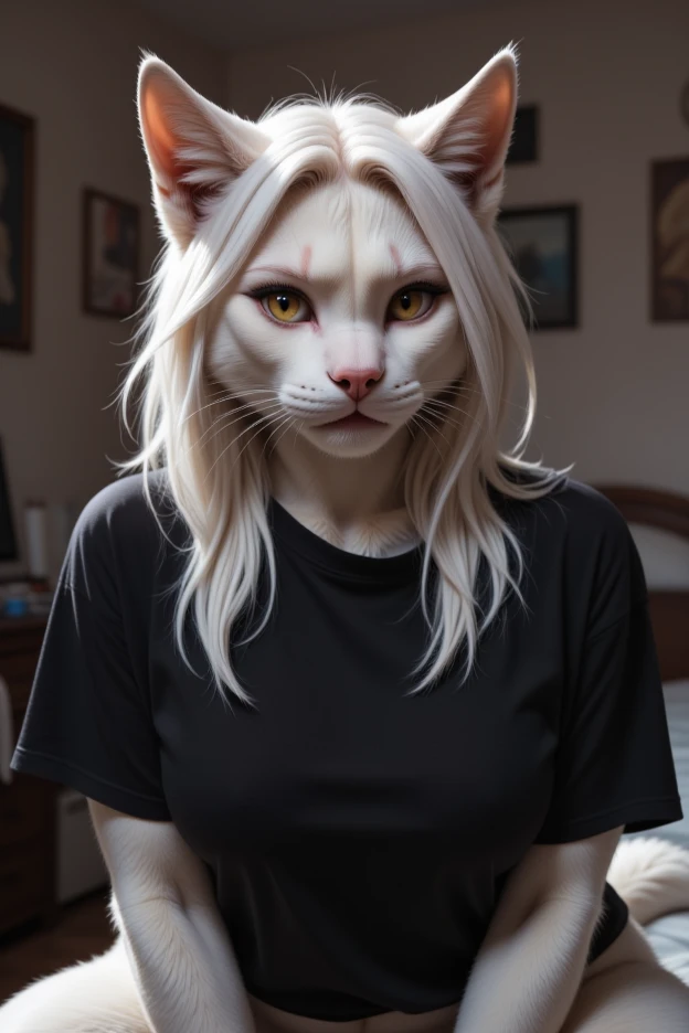 (4k photograph) of a y cat woman in a cluttered apartment, she has her paws on her chest. She has claws. (woman's face), (woman's eyes), (woman's eyebrows), (mascara), sexnthro cat girl, (beautiful woman's eyes), cat ears, (sexy geous feminine face), fuzzy texture, close up, (expressive surprised woman's face), fuzzy white skin. She is wearing a baggy oversized black t-shirt. You can see her nipples ur shirt. long sleek white hair, (hazel eyes), covered in white fur, unhappy facial expression, natural breasts, (gorgeon's face), (photorealistic), well lit, highly detailed, detailed texture
