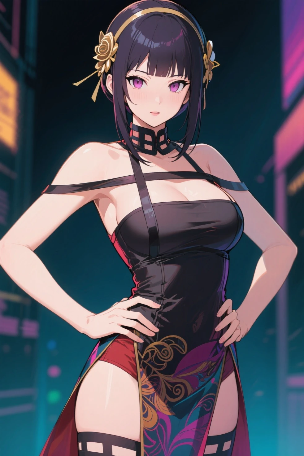 Beautiful and sexy Female Ninja The Mugen Tenshin clan, long hot pink hair, soft blue eyes, perfect breasts, Rooftop, in the rain, Twilight, High quality Render, (DOA) full body