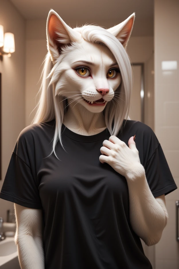 (4k photograph) of a sexy cat woman standing in the bathroom, she has her paws on her chest. She has claws. (woman's face), (woman's eyes), (woman's eyebrows), (mascara), sexy anthro cat girl, (beautiful woman's eyes), cat ears, (sexy gorgeous feminine face), fuzzy texture, close up, (expressive surprised woman's face), fuzzy white skin. She is wearing a baggy oversized black t-shirt. long sleek white hair, (hazel eyes), covered in white fur, unhappy facial expression, natural breasts, (gorgeous woman's face), (photorealistic), well lit, highly detailed, detailed texture