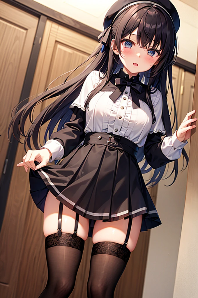 Rin Tohsaka, Rin Tohsaka, aqua eyes, Black hair, Hair Ribbon, Long hair, bow ribbon, side locks, (black thighhighs:1.3), looking at the viewers, BREAK (masutepiece:1.2), Best Quality, High resolution, Unity 8k壁纸, (Illustration:0.8), (Beautiful detailed eyes:1.6), extra detailed face, Perfect Lighting, extremely details CG, (Perfect hands, Perfect Anatomy),、pinafore, doress, frilld, Maids, maid apronl, Maid headdress, Short dress, 独奏, black thighhighs, Shawl Uniform,、(Skirt lift:1.3), (white panties:1.3)、(Skirt that rolls up:1.3)、(Fully exposed panties:1.5)
