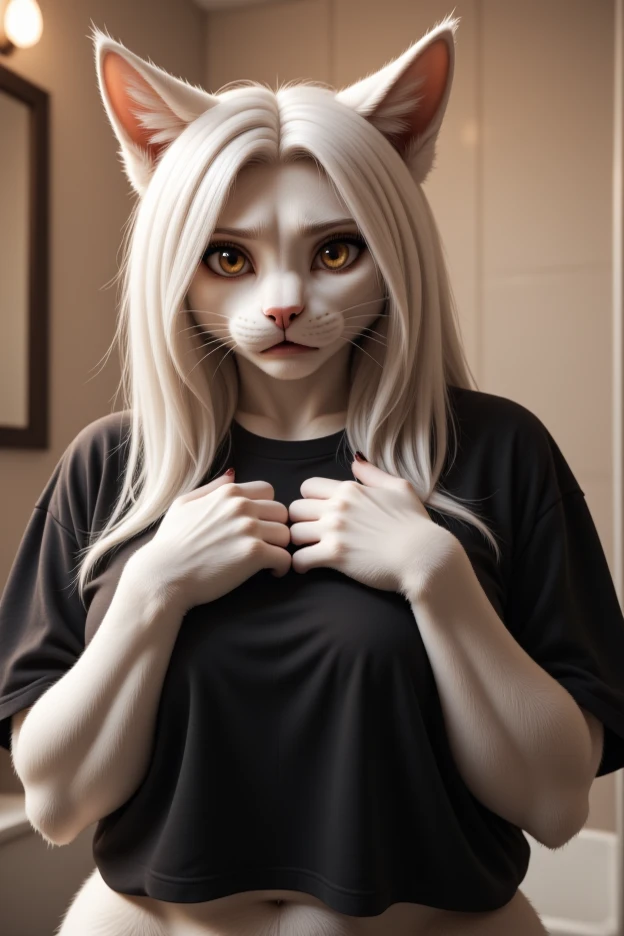 (4k photograph) of a cat woman standing in the bathroom, she has her paws on her chest. She has claws. (woman's face), (woman's eyes), (woman's eyebrows), (mascara), sexyhro cat girl, (beautiful woman's eyes), cat ears, (sexy gors feminine face), fuzzy texture, close up, (expressive surprised woman's face), fuzzy white skin. She is wearing a baggy oversized black t-shirt. long sleek white hair, (hazel eyes), covered in white fur, unhappy facial expre natural breasts, (gorgeouss face), (photorealistic), well lit, highly detailed, detailed texture