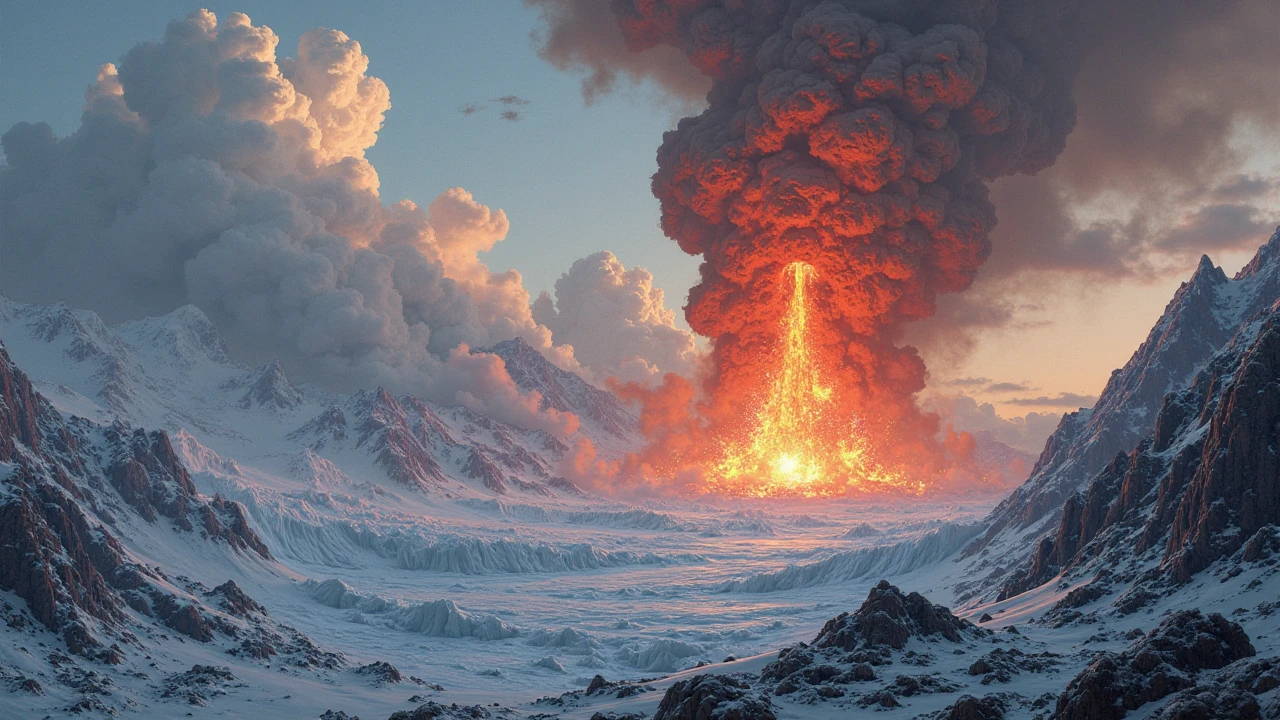 an anthill that is an active volcano spewing lava, but is also mysteriously snow capped still