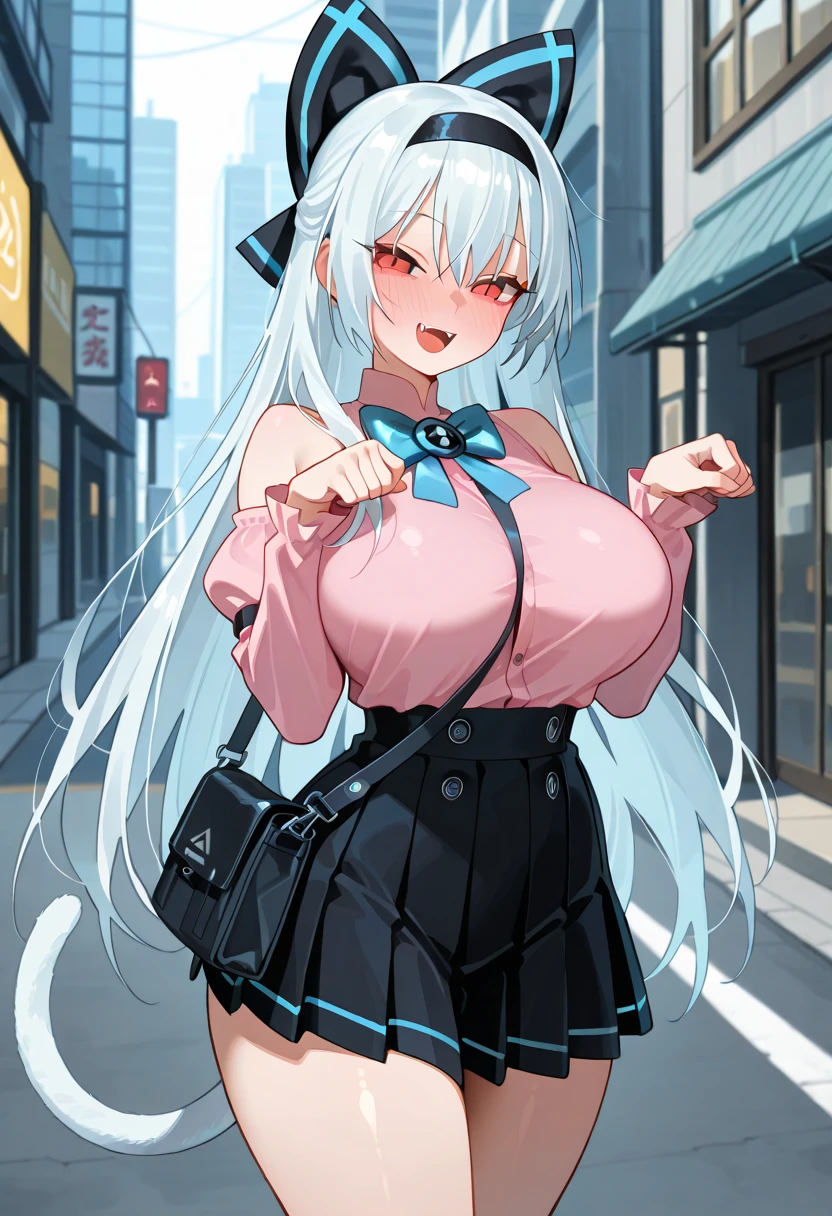 1girl, college outfit, rabbit ears, thicc tighs, gigantic teardrop boobs, extremely short straps bra, adorable face, street background, hands pressing on breasts, button popping,