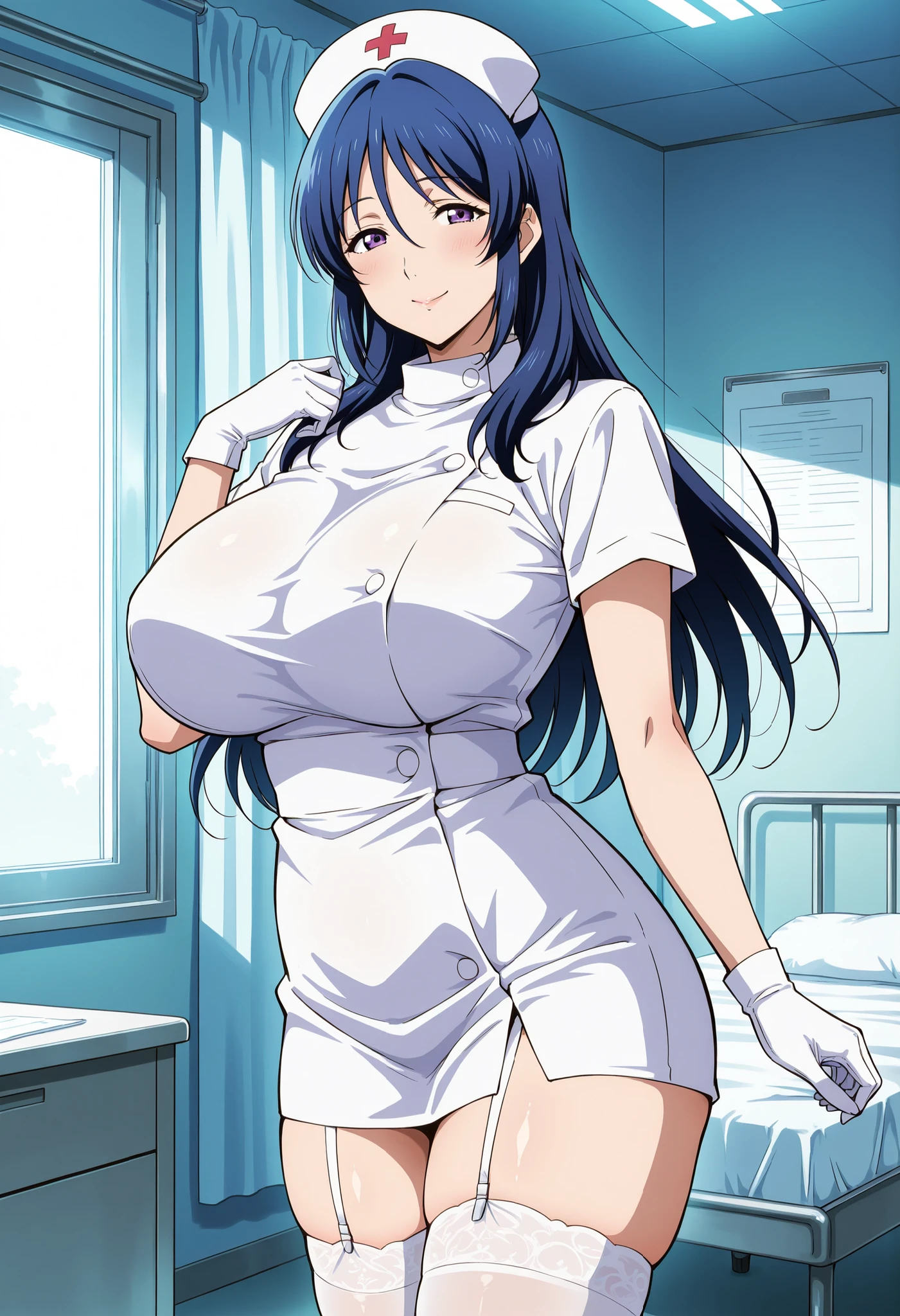 (kneeling), (white nurse outfit : 1.3), white skirt, (white nurse hat), medicalroom, Nijou Aki, 27 yo, mature women, anime cels style, best quality, high resolution, (gigantic breasts:1.3), cowboy shot, blush, smiling, (purple eyes), blue hair