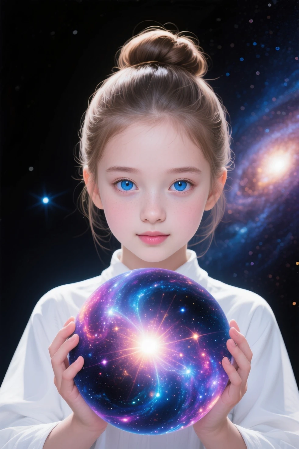 Child girl WITH SMOOTH DARK HAIR, petroleum blue BACKGROUND, a crystal ball in her hands.