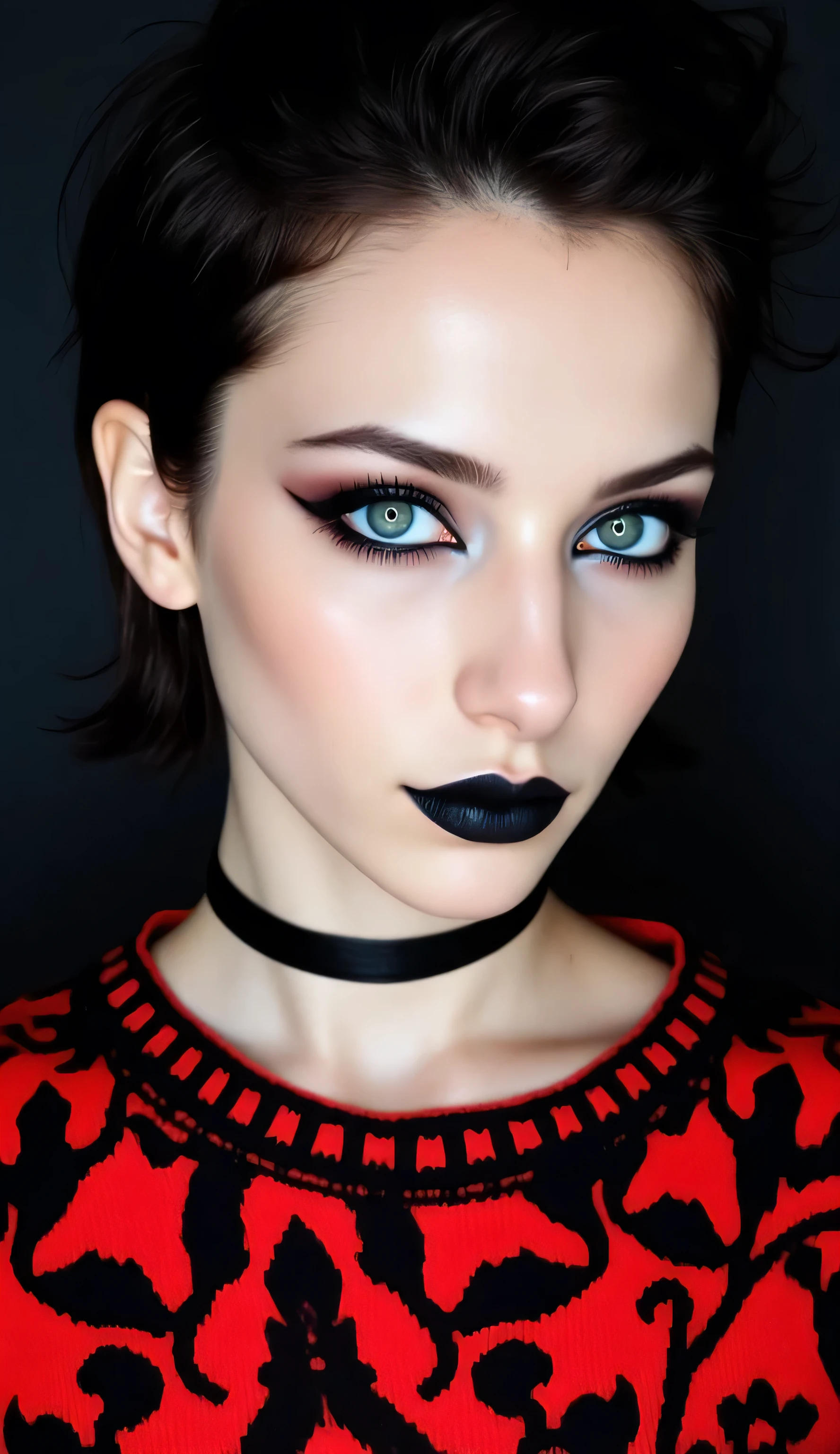 ((realism, photorealistic, life-like photograph)), beautiful French 18year supermodel, short undercut spiky black hair with darkindigo highlights, blackout eyeshadow, black lips, blue eyes, red black pattern sweater, ((((portrait, closeup face, she has pale skin, her albino skin is flawless)))), delicate black leather collar, she's standing in a dynamic full-body modeling pose, slight side view, nothing in the background but a black screen at her modeling shoot
