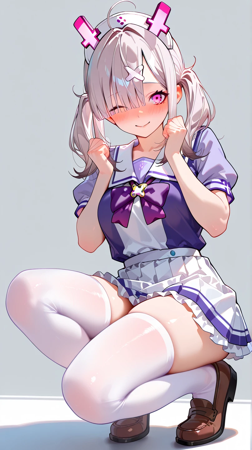 Masterpiece、8K、beautiful girl,Evening Classroom、Sailor suit、Clearly defines the overall facial contours,Depict the whole body,Beautiful posture,Hair is purple、Sweat、Oily skin、Twin tails、Fine skin、sneakers、Looking up、blush、skirt、Stretching out the tongue、Sit on a chair、Open your mouth wide、Muscular belly