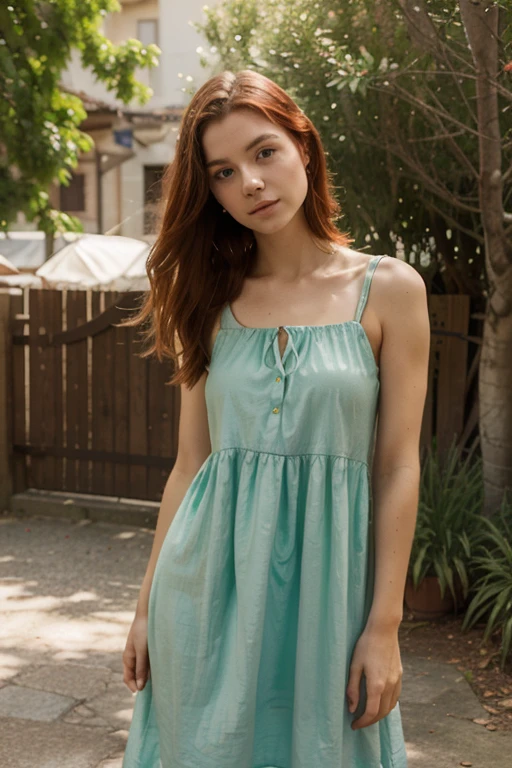20 year old brunette, chemise verte foncée, Medium to large breasts, Without neckline, dehors, from front shot, castle