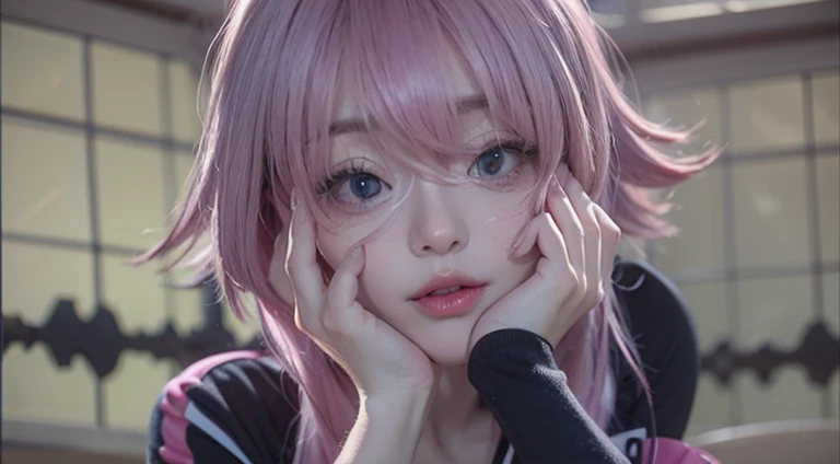 1 girl, Shikimori, short hair, pink hair, white clothes, realistic, ultra detailed, 70mm lens,