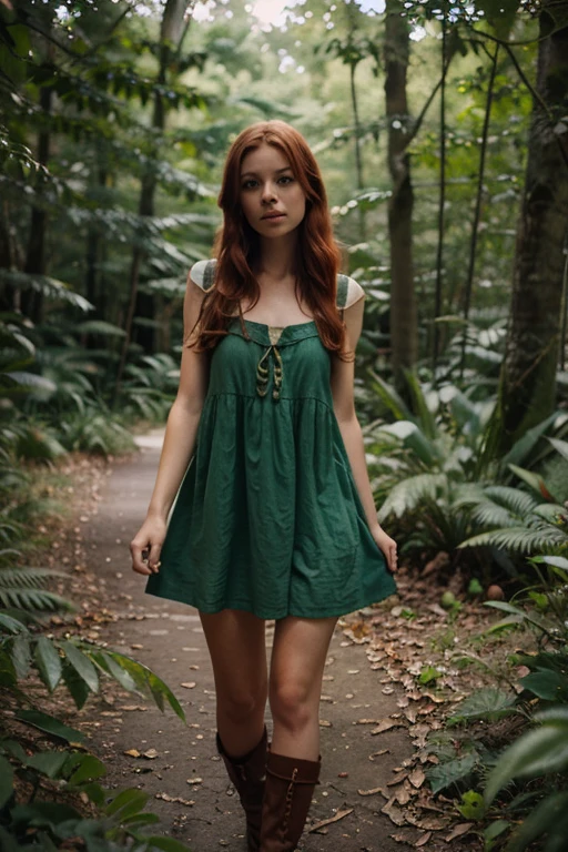 ((masterpiece, best quality, highres,ultra-detailed: 1.2), HDR, vivid colors), pov, create an adult female, standing alone, clear skin, wearing a green dress, big tit, messy layered bob of long and curly brown hair, green flower crown, sensual face and pose, looking on the right, leaning against the trunk of a tree. Ambient: in the forest near a river, many trees and falling leaves . Dynamic composition, motion, ultra - detailed, incredibly detailed, a lot of details, amazing fine details and brush strokes, smooth