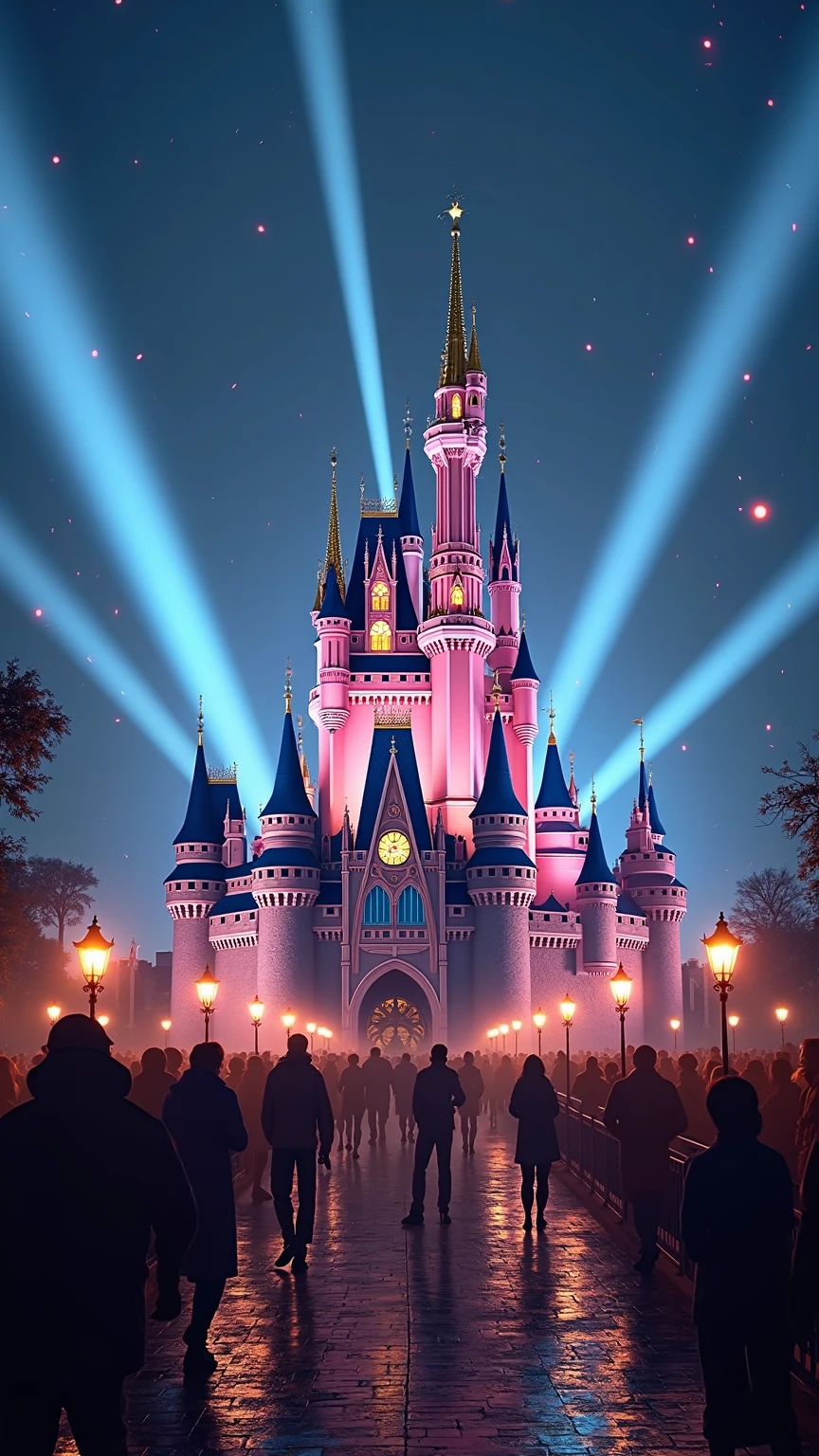 A majestic fairy-tale castle with soaring spires and turreted towers fronted by a cheering silhouetted crowd, captured as an ultra-high-definition 8K digital painting medium rendered in a cinematic photorealistic style, composed in a wide-angle full-frame 16:9 aspect ratio with a centered symmetrical perspective, illuminated by dramatic nighttime lighting featuring warm golden uplights on stone facades, cool blue and magenta projection mapping washes, and dozens of crisp white searchlight beams fanning into the sky through subtle volumetric haze, complemented by ambient fill light reflecting off wet cobblestone pathways, enhanced by specular highlights, gentle lens flares at bright sources, slight chromatic aberration at edges, high dynamic range tonal transitions from deep navy sky to vibrant illuminated architecture, with micro-details of ornate stone carvings, decorative banners, and scattered confetti particles, presented in a balanced palette of royal blue, magenta, amber and white highlights, evoking a celebratory, magical and awe-inspiring mood. 