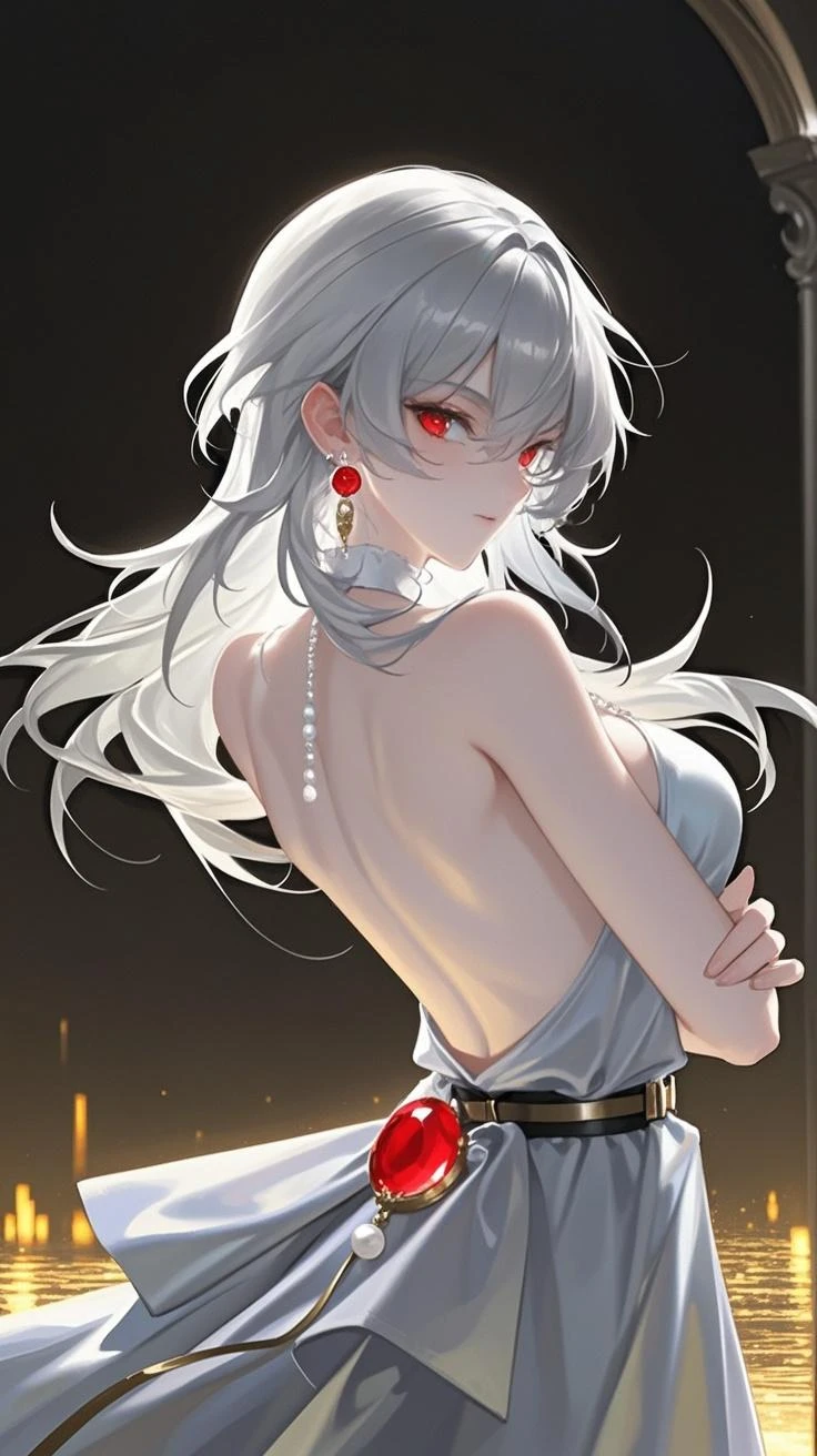 (One girl:1.5), Gray Hair, Red eyes, (clavicle:1.4), A man made of fireflies, Surrounded by fireflies. Mid-chest