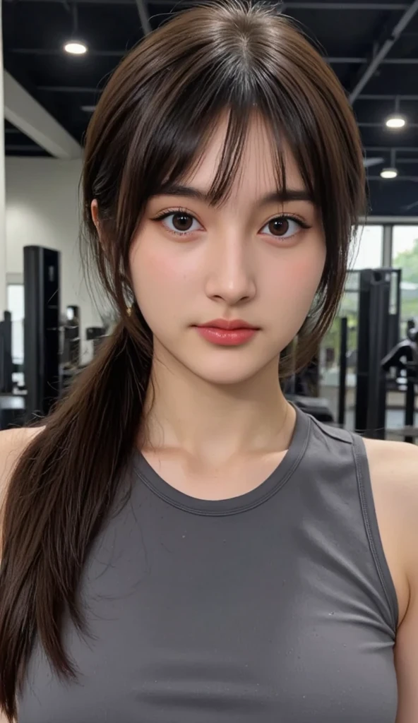Very detailed CG Unity 8k wallpaper, highest quality, Very detailed, masterpiece, Realistic, photo Realistic, Very detailed cute girl, Age 25, logic, 腹logic, Round eyes, Audience, blush, Lips parted, Half Body Shot , Sportswear , Gym,