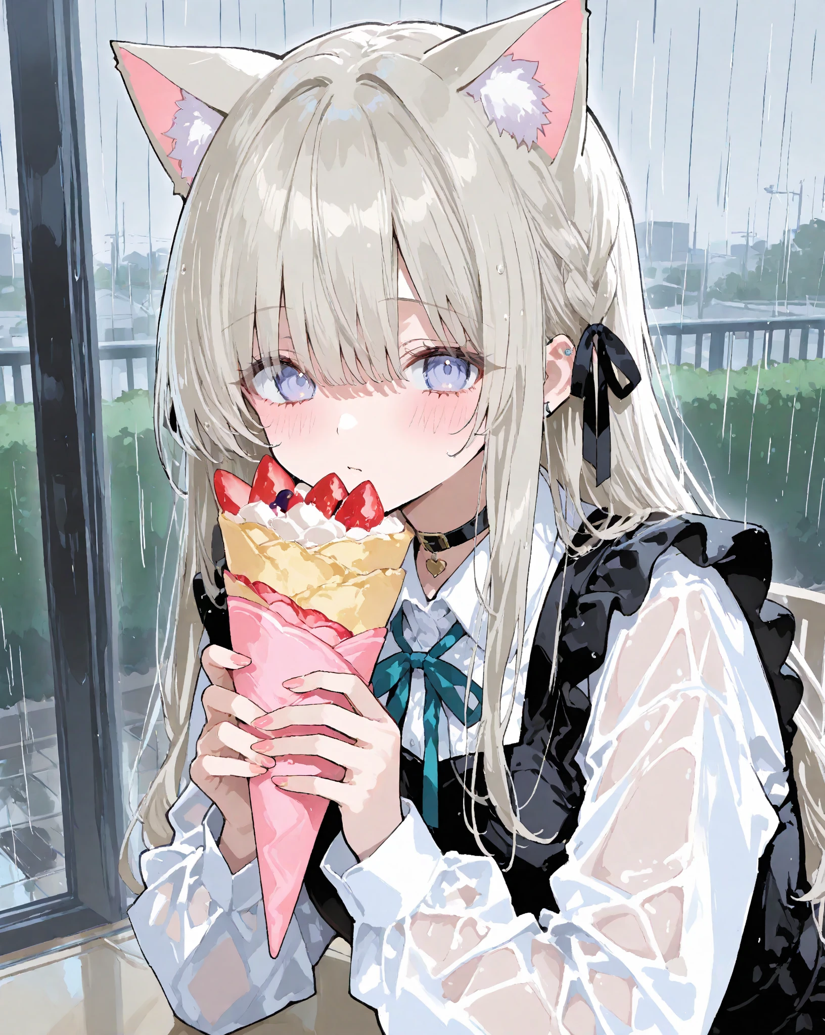 Young girl with grey hair, ((fringed and curly hair)),((curly short twintail)), curly hair ,(red eyes),, ((small bushy eyebrows)), wearing gothic lolita clothing, lolicon , to school, bored look, bored face,, girl sucking penis cum bubbling out her mouth, in a street, girl giving a deepthroat blowjob to male, multiple vignettes