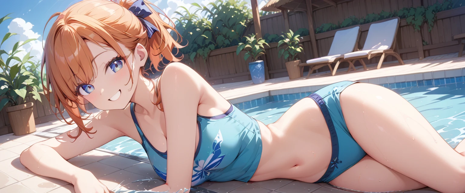2d, masterpiece, best quality, anime, highly detailed eyes, highly detailed face, highly detailed background, perfect lighting, 1girl, shibuya kanon, purple eyes, orange hair, short hair, low ponytail:1.4, black bra, black panties, big breast, sitting, parted lips, blush, shy, seductive, depth of field, pov, night, moonlight, perfect lighting:1.4