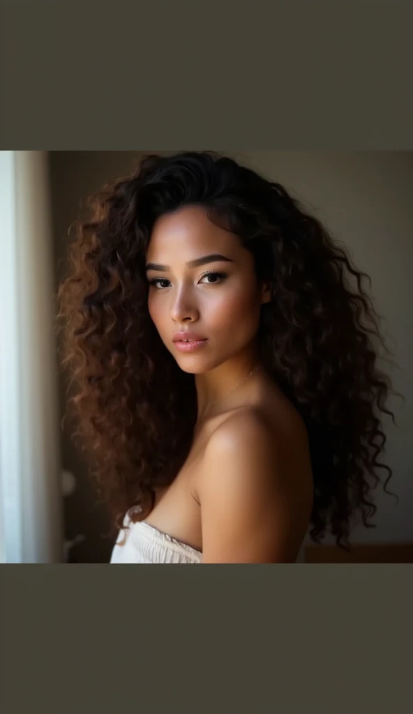 Black woman completely , fille sexy aux yeux marrons, ultra realist, Meticulously detailed, Portrait Sophie Mudd, cheveux noirs et grands yeux, selfie of a young woman, Yeux de chambre, Violet Myers, sans maquillage, maquillage naturel, looking straight at camera, Visage avec Artgram, Maquillage subtil, Great photo of the whole body kneeling on the bed, dans la chambre, Medium to large bust