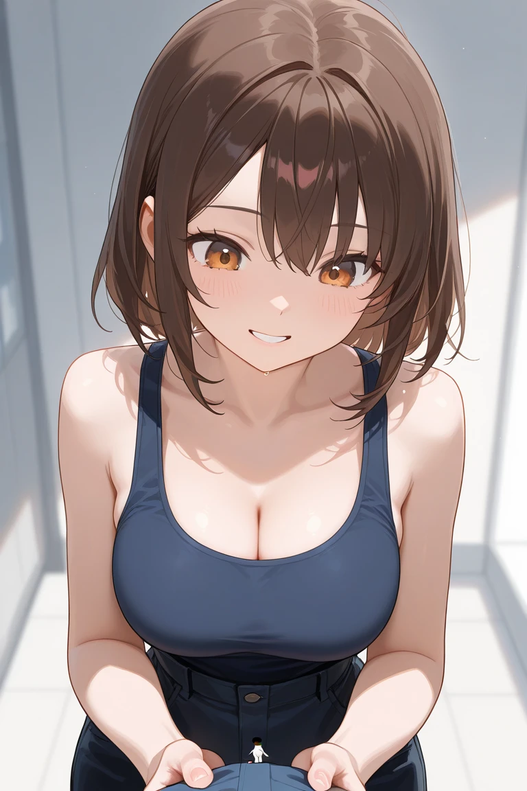woman、Black sports bra、G Cup、Brown Hair、Bobcut、from the front、smile