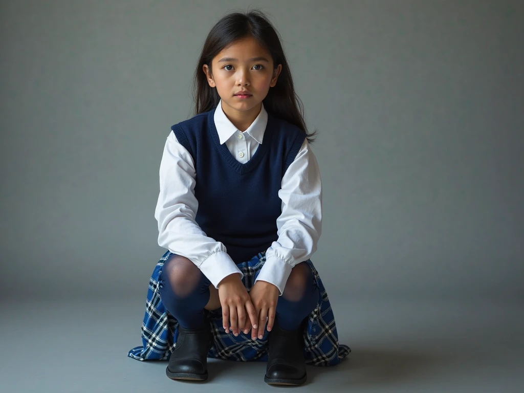 Little girl wearing school uniform wearing just socks 