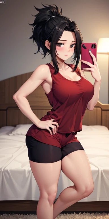 (dark madder red blouse,sleeveless,arms-baring:1.3),from behind,(crawling on bed on all fours),(thick arms:1.2),sweaty,single mole on cheek,black hair,voluminous hair,unkempt hair,plump body,tall woman, (blushed and suffering:1.2),27 years old,(fair skin:1.3),(cute eyes,tareme),plump oval face,light makeup,