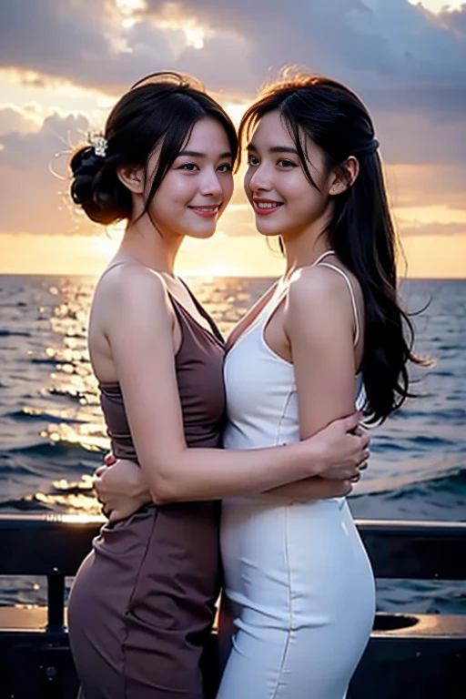 Two women,Long Hair, Brown Hair, chest, Smiling on the boat, 