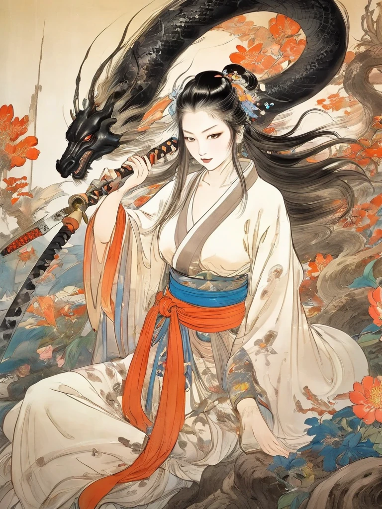 arafed drawing of a woman holding a sword with a dragon on it, akira from chinese mythology, korean mythology, chinese mythology, japanese goddess, ancient chinese goddess, chinese brush pen illustration, the dragon girl portrait, a beautiful artwork illustration, traditional japanese concept art, ancient china art style, inspired by Guan Daosheng, she is holding a long staff, chinese fantasy