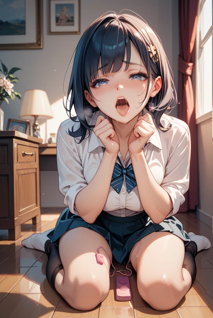 nsfw, (POV oral sex with cum:1.3), (deep throat:1.3), (intense perfect fellatio:1.2), :>=, (1boy, full by:1.2), a pure innocent girl, very cute face, like a idol, blush, (school uniform:1.1), look up at viewer with lovingly gaze, arms behind the back, in front of 1penis with between viewer's legs, (mouth on the viewer's crotch completely:1.3), (perfect keeling under the desk completely, body is perfect into the desk, face come out from under the desk:1.3), (face focus:1.2), (viewer is sitting, bare viewer:1.2), (under the desk with depth:1.3), in own room, viewer's legs in the picture, from above,
