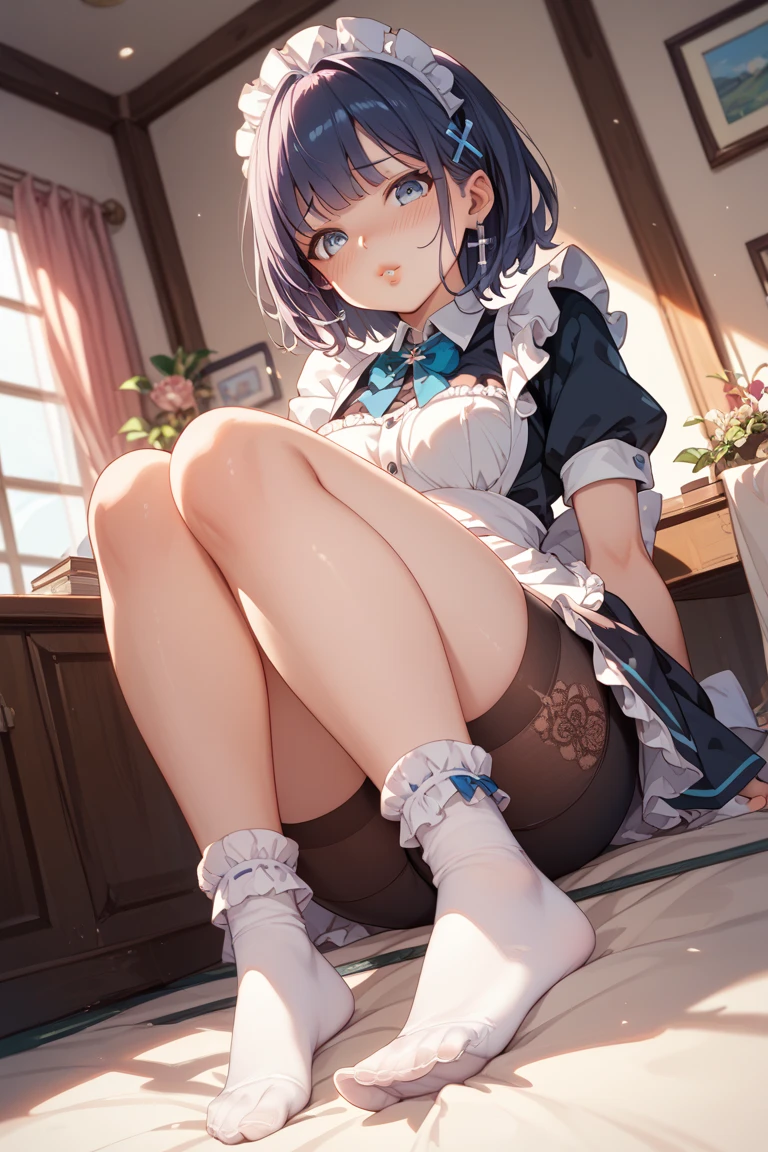 tmasterpiece, Best quality, The content is very detailed,tmasterpiece,Best quality,offcial art,extremely detaild的 CG unified 8k wallpapers,1个Giant Breast Girl,16 yaers old,{black lence stockings},shyexpression,A girl takes off her shoes at home,Socks that emit steam,Steam collar