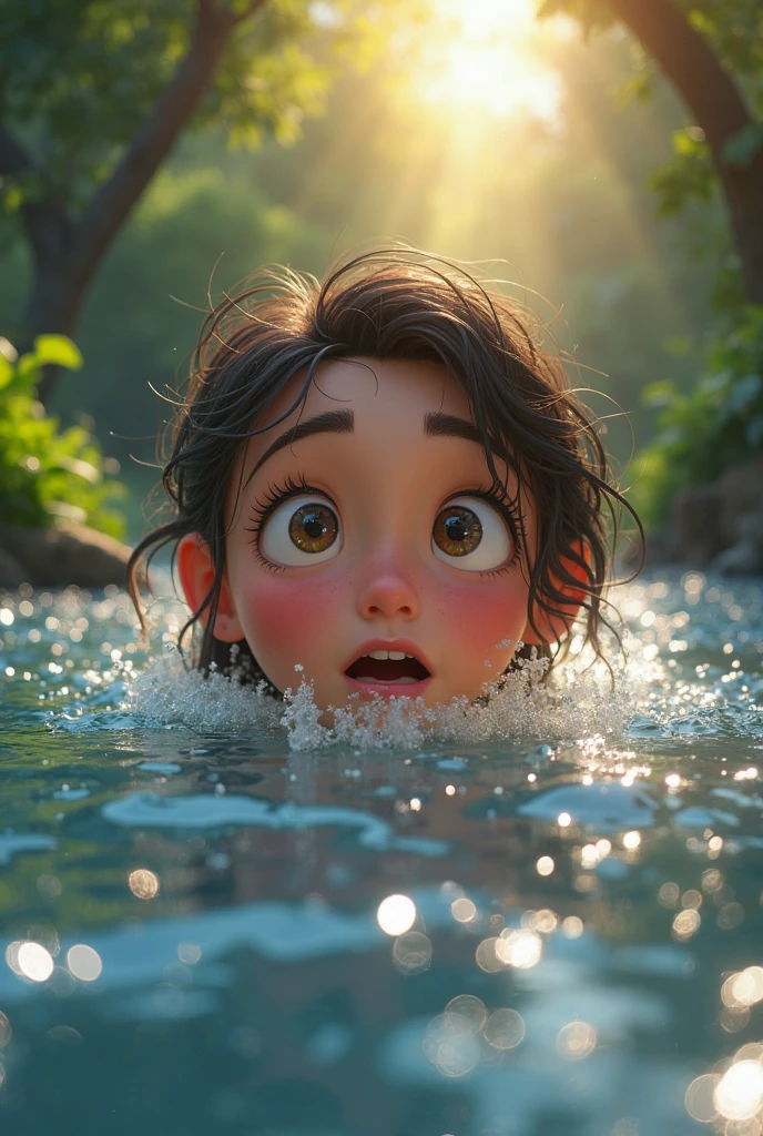 Girl standing under shower after her workout her face so serious in expression. Close up. High quality Pixar image. 4k