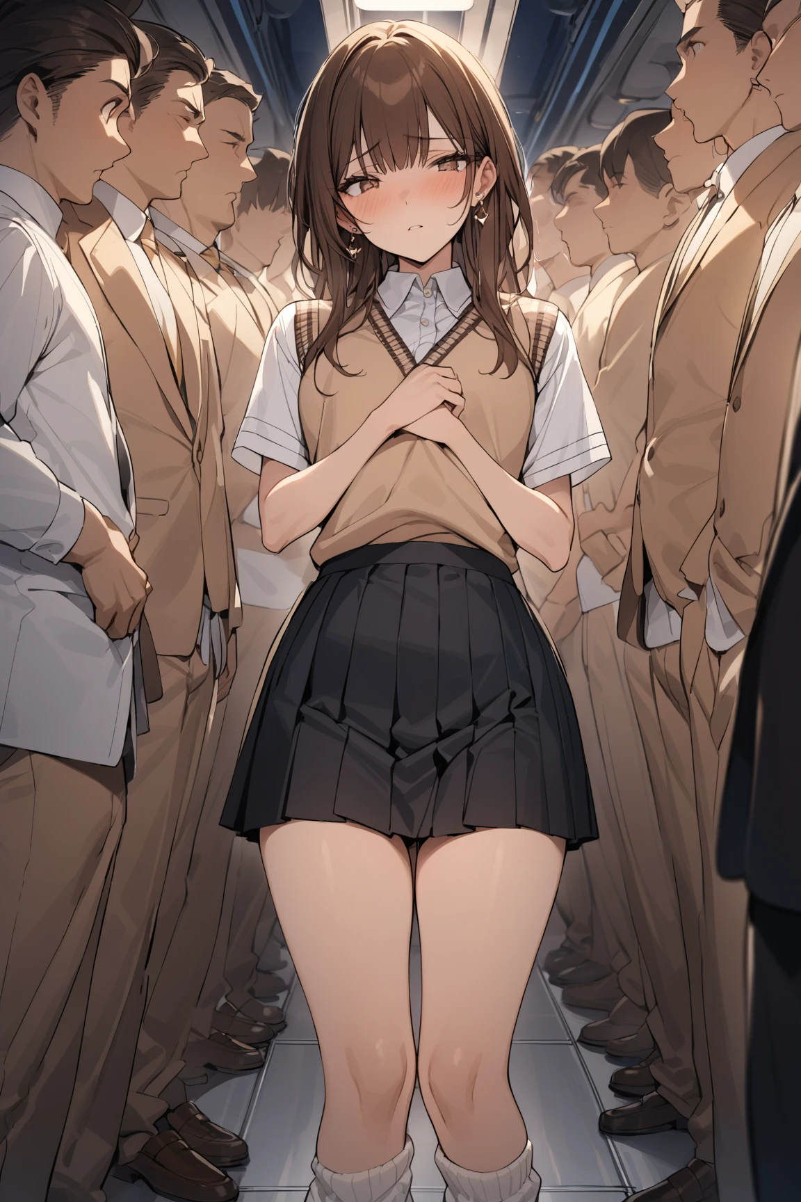 One Woman、beautiful girl、after school、evening、high school girl、School Nameplate、Blazer uniform、Pleated skirt、Black knee-high socks、Long Hair、In front of the school gate、Highest quality,  Thick thighs、Big 、Black Hair、Pounding face、A crowd going home from school、In front of the school gateで待つ仕草、A handsome man walks in from the back.、Lean your back against the wall、Holding his chest with both hands、A handsome man is greeting