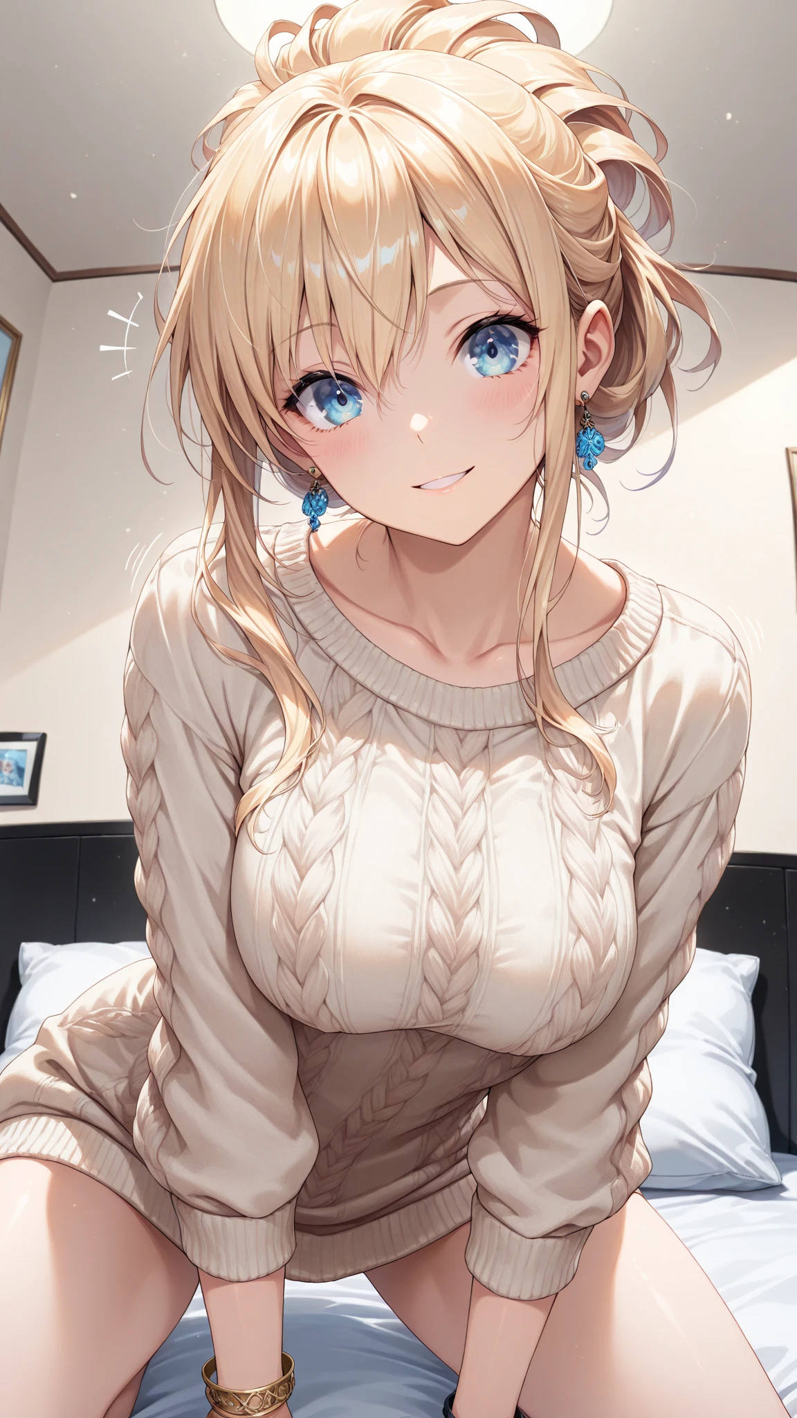 ((best qualityer)), ((work of art)), (detailded), 1 girl, shoulder to shoulder sweater, A girl without clothes masturbating with her hand on her pussy and the other on her chest