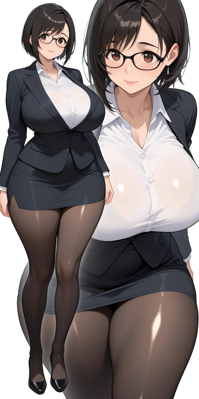 2heads, a tall woman with 2 heads. She is in an executive office. She is wearing a tight blazer and skirt. Cleavage. She has short black hair in a bun, chopsticks in hair. She looks mature. Enormous fat breasts. She is very tall and mature. She is happy and smiling. Motherly, milf. Enormous fat breasts, gigantic breasts. Big nipples.