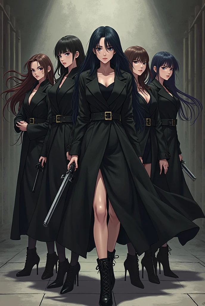 Anime art style, strikingly beautiful light-skinned Caucasian vampire, long flowing black hair cascading past shoulders, elegantly tailored fitted women's black suit, air of mystery and sophistication, flanked by two determined armed women, one with rich ebony skin, the other radiant blonde, both clad in fitted black tactical uniforms, exuding confidence and strength, scene unfolds as they confidently approach a grand, imposing building, architectural details hinting at gothic elements, dramatic shadows enhancing the characters’ profiles, intense gazes directed towards their destination, composition emphasizing unity in motion, with contrasting textures between the soft fabric of the vampire’s suit and the rugged tactical outfits of her companions, vibrant color palette showcasing deep blacks and glossy highlights, anime-style character design with exaggerated features and expressive eyes, meticulous attention to detail in illustrating expressions and body language captures the essence of each character, mood oscillates between ominous tension and powerful camaraderie, setting instills a sense of intrigue and adventure, reflected in the vast cityscape beyond the building, evoking curiosity about the unfolding story, rich depth of field bringing attention to the characters while slightly blurring the intricate details of the environment, executed in polished anime art style with clean lines, bold colors, and dynamic poses, high resolution digital painting reminiscent of the best in anime artistry, ensuring a captivating visual experience