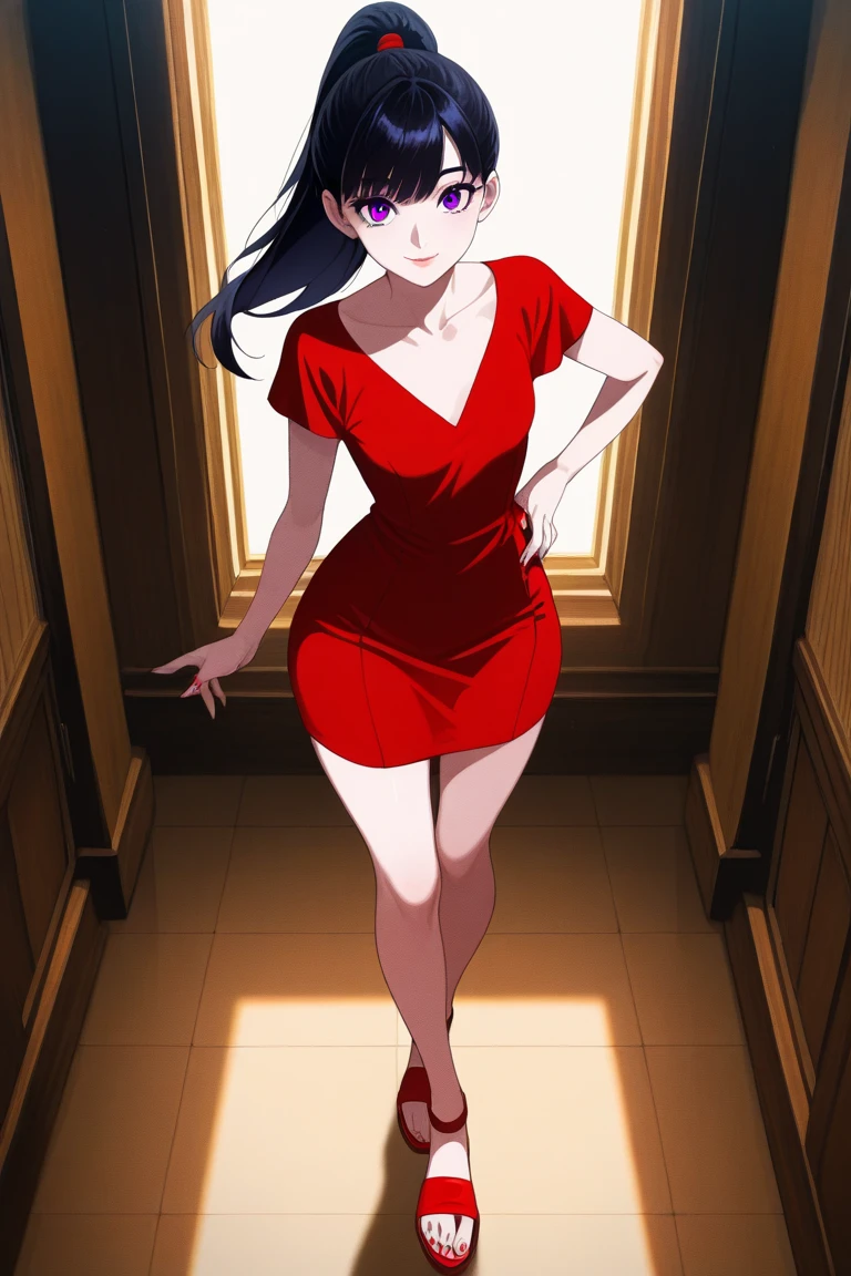 1 girl, Teenage, Black hair, Short black hair, Medium Hair, Bob Hair, Black eyes, bare shoulders, a red off the shoulder dress, short red dress, large chest, seductive, standing up straight, looking at you, close up, Sexy, nighttime, masterpiece, High quality.