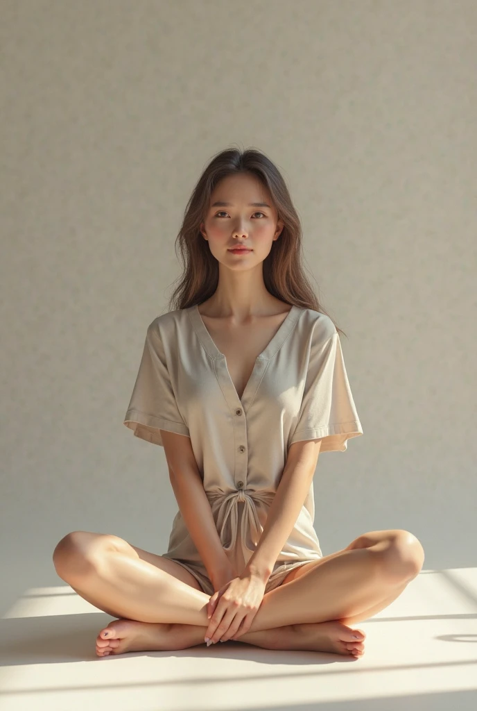 (Photorealism:1.2), Beautiful woman, Sitting on the bed, She is wearing a loose off-the-shoulder top., Pajama pants, Long Curly Hair, indoor, Soft lighting, Background plants, Window with sunlight, Cozy rooms, Relaxed pose, Realistic, Intricate details, Warm colors, Greg Rutkowski, Alphonse Mucha