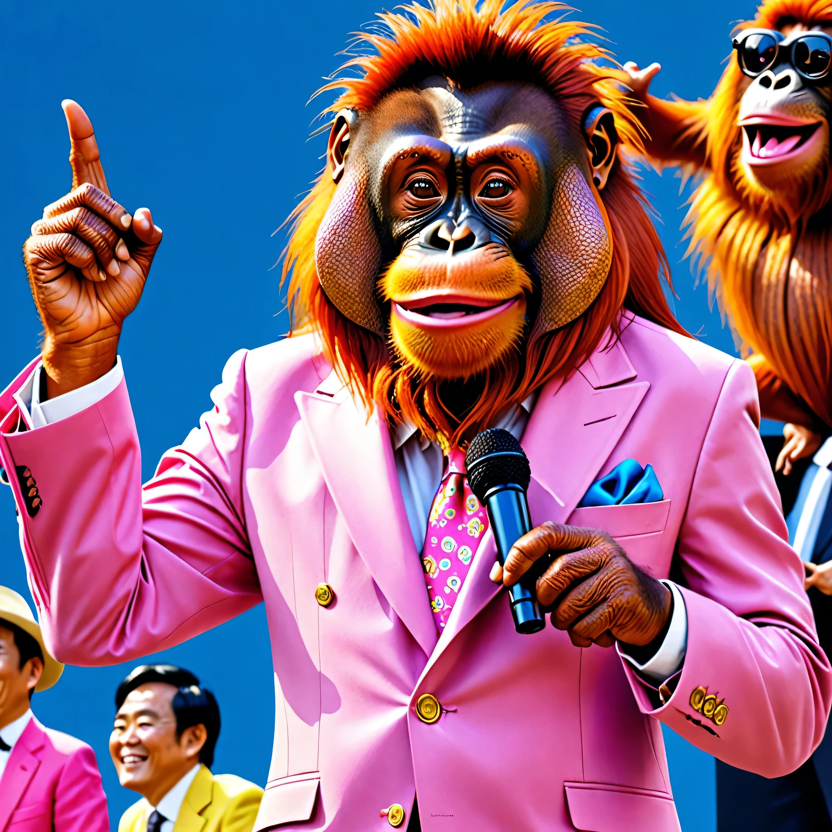 Orangutans who once lived on Earth evolved and became intelligent creatures、the greatest comedian in history、 comedian、Orangutan、Manzai costume、 charismatic 、smile、Manzai stage、spotlight、ties、wearing a pink suit、 one-man live、Received the first prize at the comedian festival、Gold Award Winner