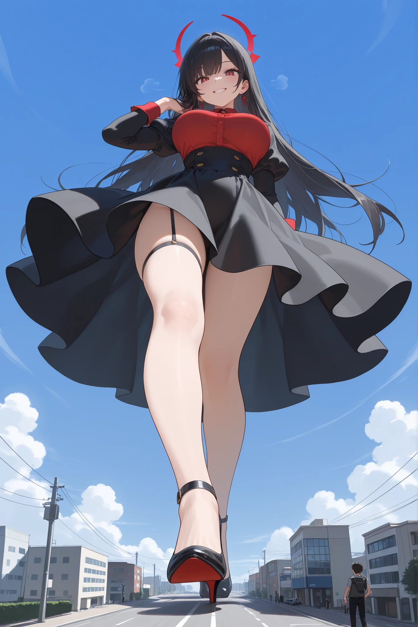 der riese art, 非常に詳細なder rieseショット, der riese, Shorthair, Giant woman bigger than a skyscraper, Wearing rimless glasses, Colossal tits, Big ass, Red Santa Dresses, Black pantyhose, Her shoes are high heels and stiletto red sandals., very small metropolis, Trying to destroy a miniature metropolis, Full body depiction, nffsw, giga der riese, der riese, Black pantyhose, Stomping City,crash city,Small town,micro city,