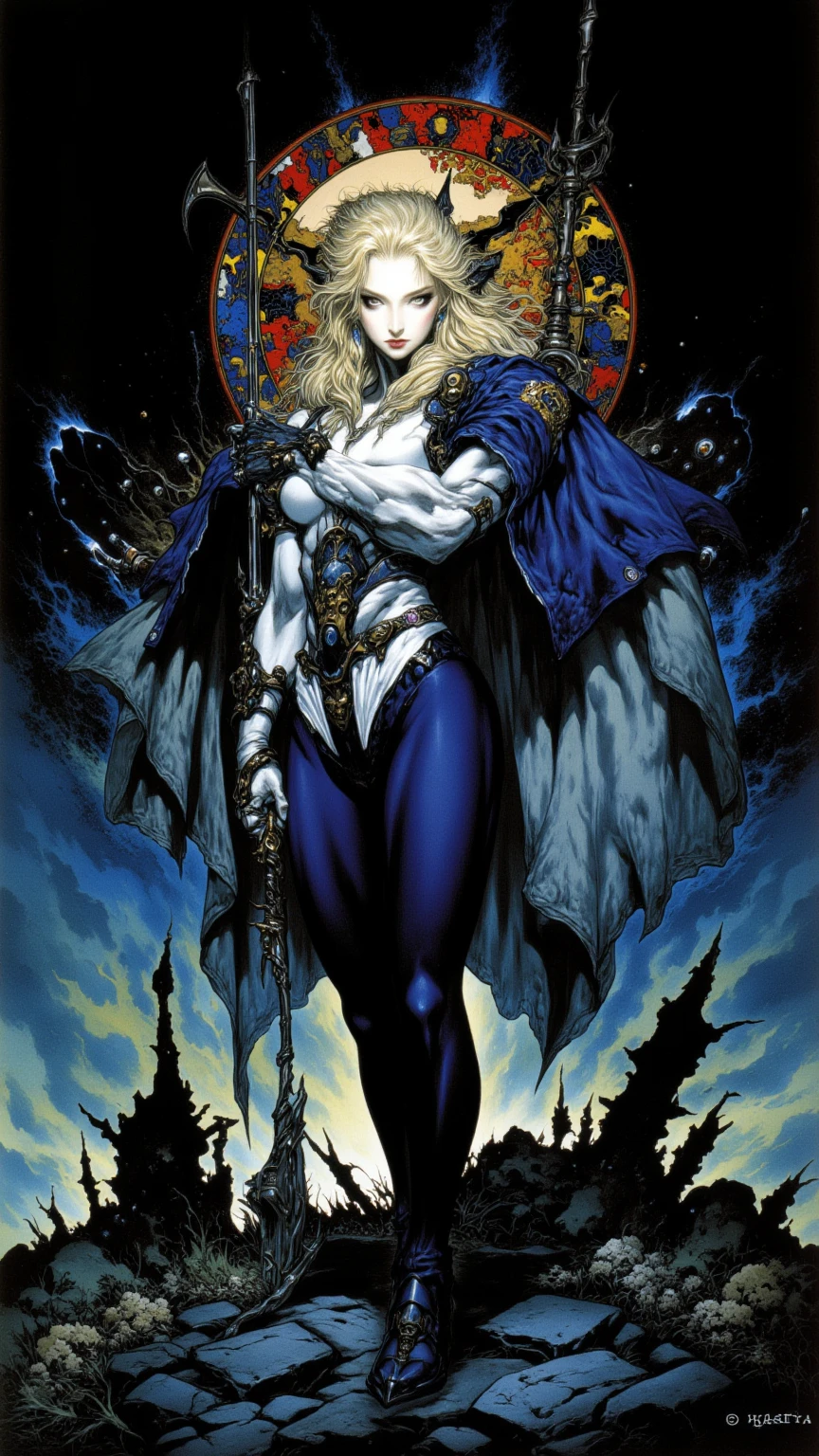 I want you to create a comic theme style illustration of a new character.  She is a witch who possesses magical powers from the underworld, allowing her to summon the dead.  She practices black magic and will be represented as a goddess from Greek mythology.  Her appearance includes a black dress, similar to a Greek goddess's tunic. 

 Her hair is long, blond with some black highlights, and her eyes are a very light blue.  Her lips are painted with black lipstick, and her fingertips are dark, as if they were necrotic.
