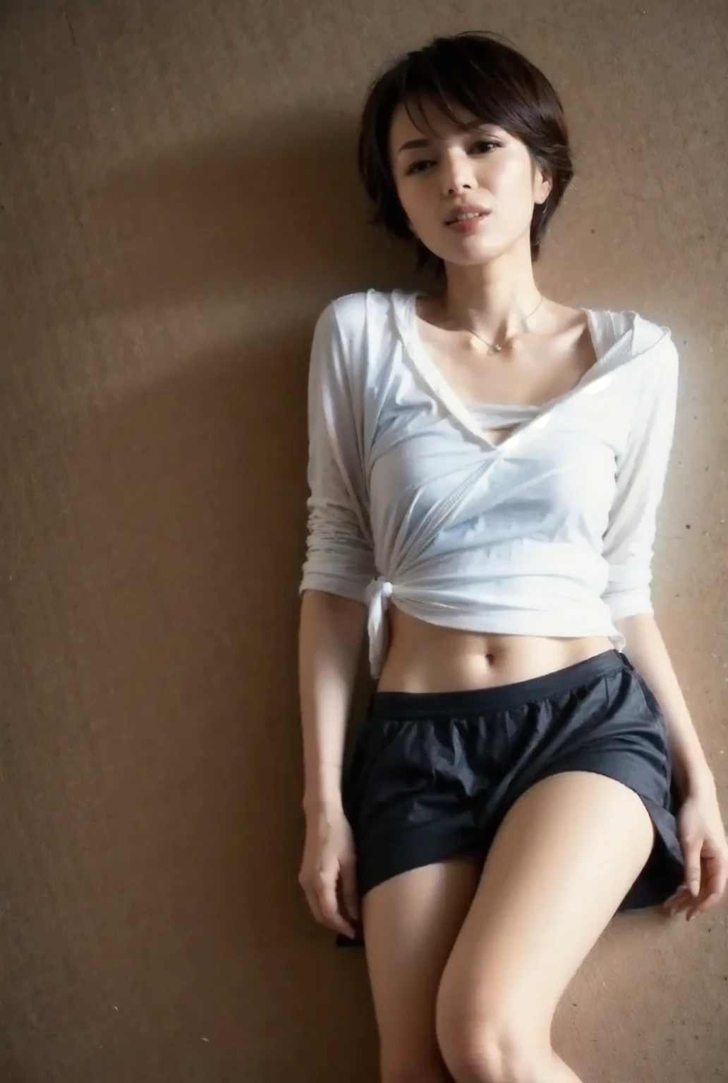 ((Best Quality, 8k, Masterpiece, Portrait)), Photorealistic, Sharp Focus, 1 Beautiful Japan Milf, (looking at viewer, from front, same level), ((Wearing Panties, mini Sox, Camisole)), Cloth with Cleavage View, 30 Years Old, Wavy Hair, Wrinkles at the Corners of the Eyes, (loose waist:0.5), ((Sit,Open your legs wide with one knee up:1.5, show crotch)), (open mouth:0.7), darkness room,