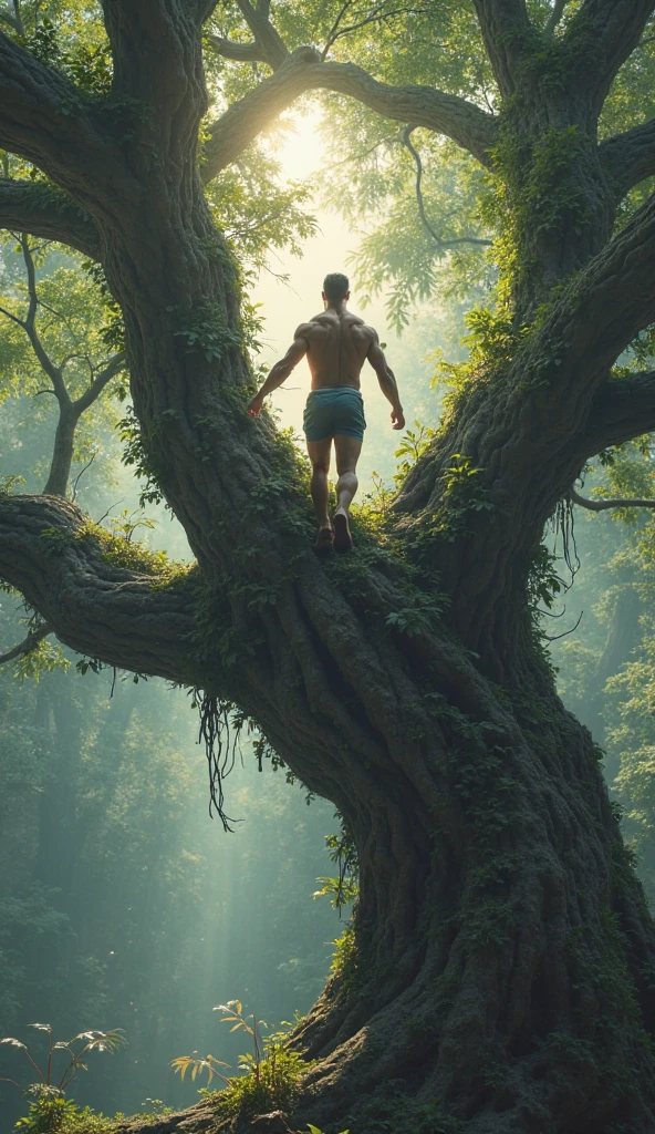 "((photographic style)), (at sunset under a wild landscape), (like Tarzan posing), (ultra realistic), (highly detailed), (global illumination), (low contrast)"