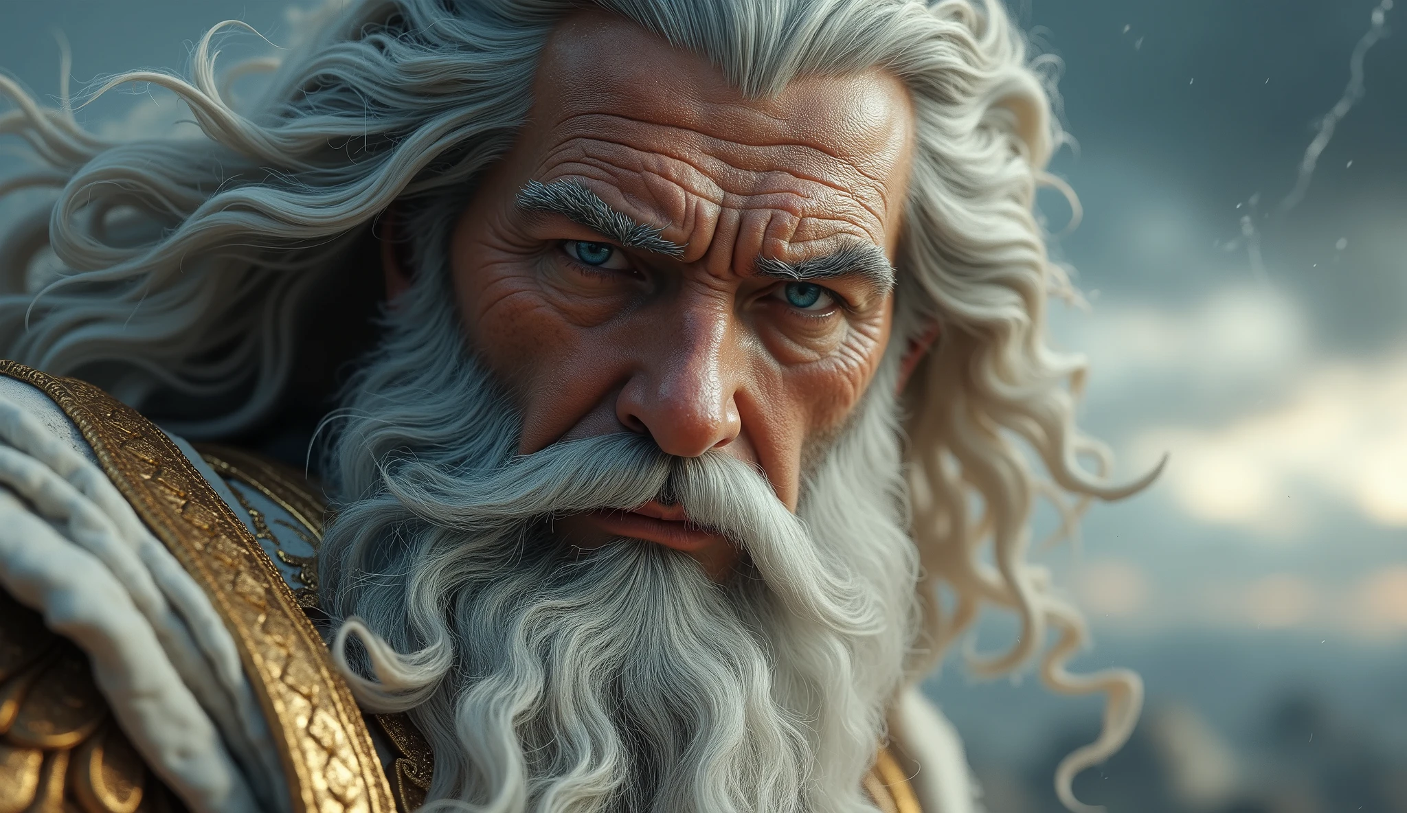 Create the image of a god with the majestic appearance of a typical Greek man. Seu longo, flowing beard is white as the first snow, acentuando a sabedoria e a idade escritas em seu rosto envelhecido. Seus cabelos grisalhos, igualmente longo, Cascatas Descendo Seus Ombros, enquadrando um conjunto severo, mas compassivo de recursos. The god is dressed very, roupas brancas que ondulam ao seu redor, elegantly draped and radiating a sense of divine grandeur.