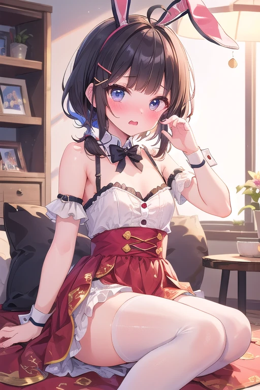 最高品質, 傑作, 1ガール, ソロ, 非常に長い髪, デタッチスリーブ, 赤い目, 赤い髪, 赤いリボン, 赤いスカート, 赤いドレス, 赤いネクタイ, ウサギの耳, 赤面, 鈍い前髪, 分けられた唇, ahoge, ビューアを見て, シンプルな背景, more_details:1.5
BREAK
pink kawaii room , pink gothic room, messy room, Marchen, macarons, Candy, heart item, ribbon,star item, small window, (Miscellaneous goods are placed in a mess:1.3),dresser, antimacassar ,

BREAK

(Pose that seduces a man: 1.3), (fascinating genius:1.5), (best lighting by famous artists: 1.2), 8K, ((acting instruction of captivating poses by famous masters: 1.6)), ((thighs spread to the left and right: 1.15)), 
((deep depth of field:1.5)), Particle-like fantastic light source, Background blur, Head tilted, Observing from behind Looking at someone, Looking back, Flexible torso,