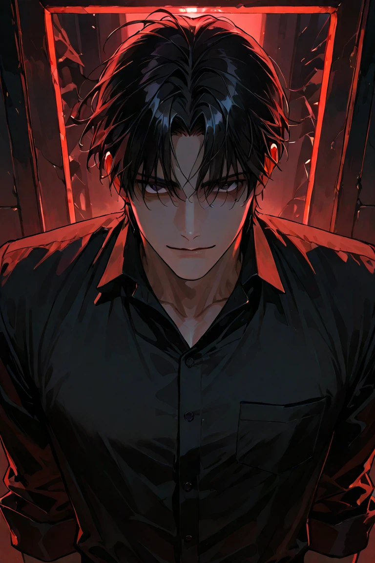1boy, black hair, black shirt, red eyes, watch, messy hair, 8k resolution, fierce, cold, murderous, angry, bloodstained
