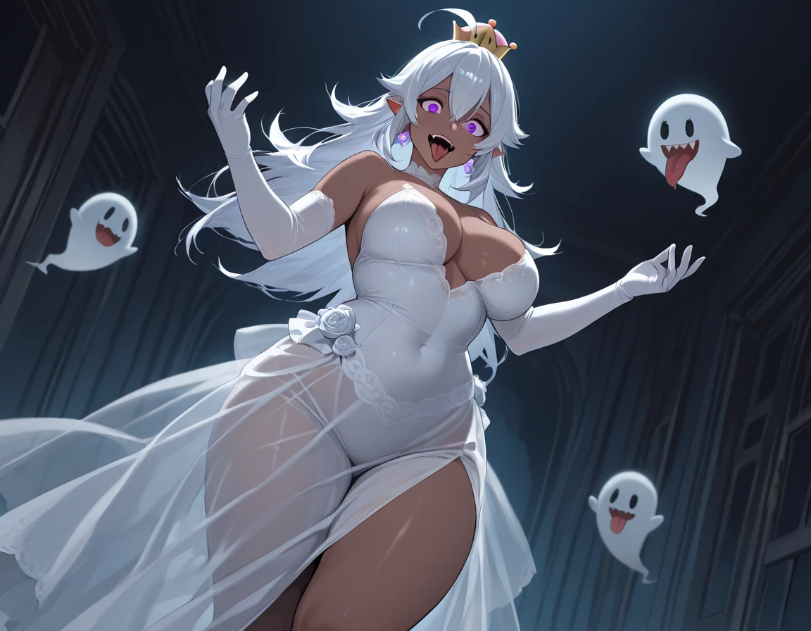 ((high detailed, best quality, 4k, masterpiece, hd:1.3)), ((best quality)), (((HD))), (((8k))), (ultraDH), (ultra HD), Snowy Forest background, snowflake pattern, red eyes, BREAK red eyes, seductive, attractive, smooth anime cg art, 36C breasts, long legs, vivid colors, detailed digital art, slim body, perfect skin, white hair, long hair, light hair, white hair, BREAK crown, cleavage, 36C cleavage, looking at viewer, BREAK looking at viewer, extremely detailed face, earrings, gem, dark white makeup lips, dark gothic eyeshadows, dark eyeshadows, white eyeshadows, white sexy lips, dark lips, very dark lips, (perfect hands, perfect anatomy), white makeup, white medium lips, white thick lips, detailed fingers, five fingers per hand, 5 fingers, (1 girl), detailed lips, detailed white lips, white painted lips, gothic painted lips, BREAK night, night sky, (breast focus), (arms outstreched:1.2), (from above:1.1), (breasts out:1.3), (off shoulder:1.1), (((bra))), (((boos ghosts super mario))), ((((boo ghost touches her cleavage with his tongue, boo ghost licks her cleavage))), ((((a long tongue licks her cleavage)))), ((((a long tongue touches her cleavage))), (((boo ghosts tongue on Boosette cleavage))), ((((boo ghost ejaculates cum on her cleavage)))), ((((boo ghost spits semen on her cleavage))))), (((covered nipples)),