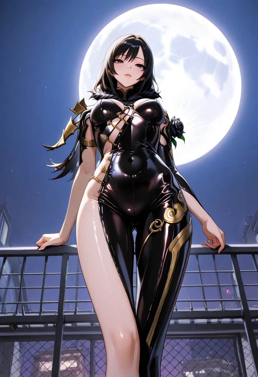 A luscious & thickblack woman,( wearing nothing but a single giant flower) , giant over sized pitch black circle sun glasses that span out wider then her head, her straightened hair so long it falls to the floor, her flowing hair trails behind her, she balances on one foot, she's tipping toward on side drastically almost falling, a spotlight high and directly above her is the only light, pitch black darkness envelopes everything accept her, only she can be seen