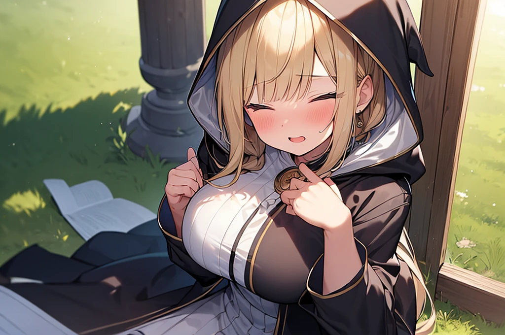 Masterpiece, Top quality, (1 beautiful girl), , Blonde, short Hair, Braided hair, wavy Hair, blunt bangs, standard weight, (very flat chest):1.6, cleavage, (very large dark sorceress long robe with hood):1.3, pleated skirt, (sexual climax):1.2, nose blush, open mouth, closed eyes, saliva, sitting sideways on the ground, beautiful scene of outdoors, cowboy shot, from above, torn clothes