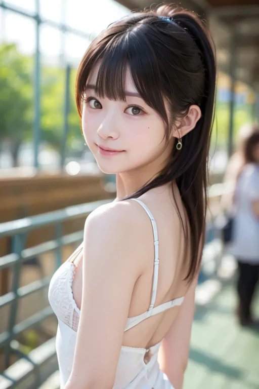 closeup shot , Best picture quality (8K, high resolution, Masterpiece: 1.2), super detailed, 215 Short Hair, 16-year-old woman,
situation: A stroll along the canal in Otaru, Japan。
clothing: A simple white top and denim shorts、Sneakers on your feet。Sunglasses as an accent、Hair tied up in a ponytail。
angle: With the canal in the background、Photographed walking from slightly behind。Looking out at the canal from the bridge、Close-up of a hand resting on the railing。Close-up of face
, random cute pose ,big eyes ,Puffy eyes , Heart Pupil, blush , huge shy smile , salute