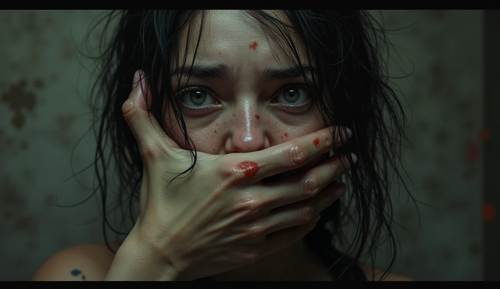 Realistic, cinematic, very dark background, extreme A close-up photo depicting a hand covering a woman's mouth to shut it up. The woman is crying weakly, scared. Her black hair is messy. Bloods mark on the hand and the woman's face. The photo uses a minimalist color palette, with muted tones for the hand and the face, contrasting sharply with the dark background.